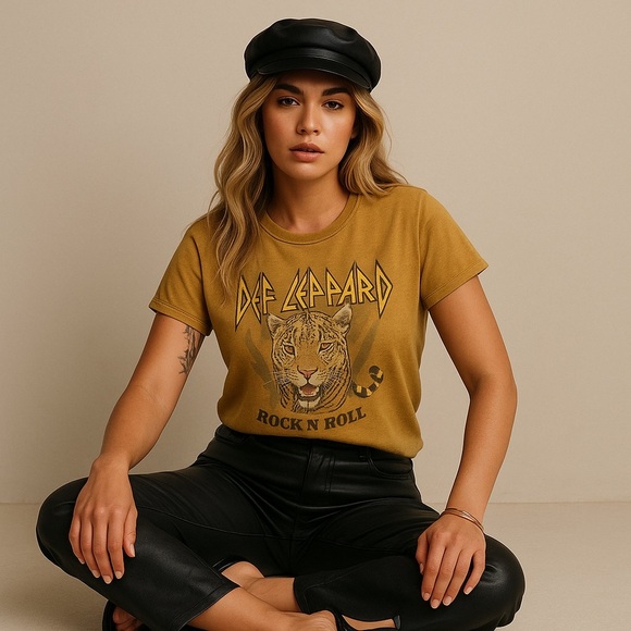 Def Leppard Oversized Grunge Band Tee T-Shirt in Mustard Yellow, Size XS - Picture 1 of 8